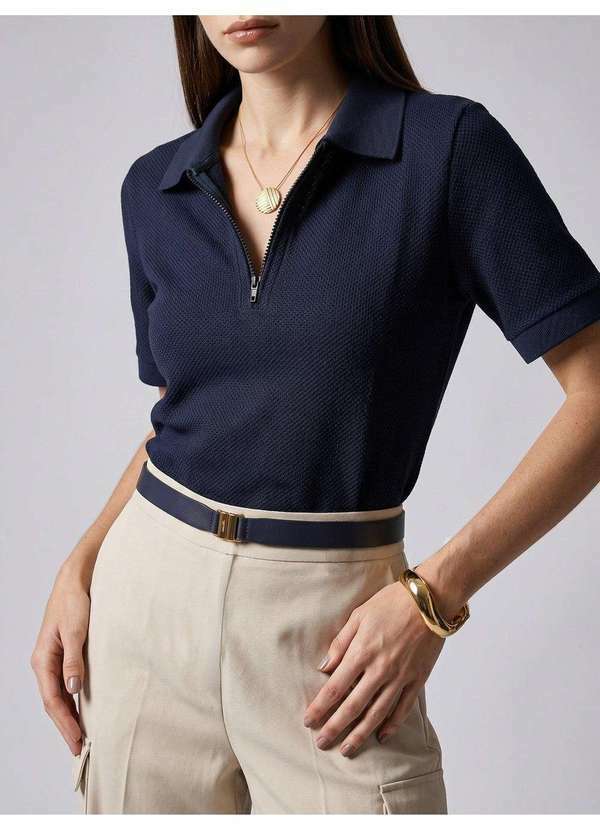 Blusa Polo em Malha Texturizada Marinho Talira