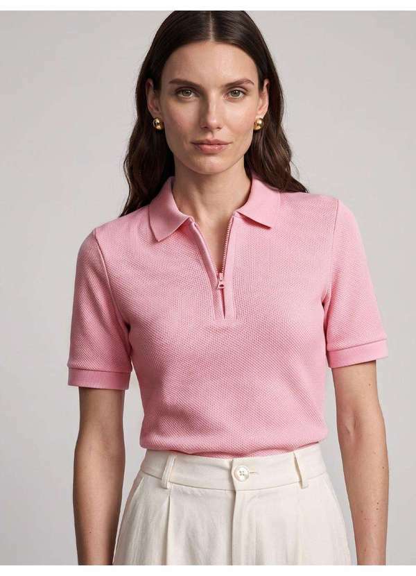 Blusa Polo Feminina em Malha Texturizada Rosa Talira