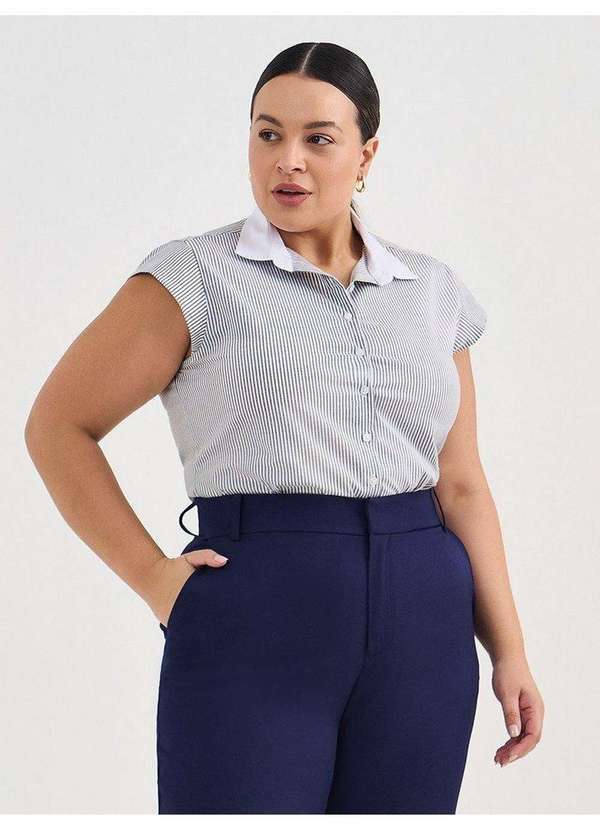 Camisa de Algodão Plus Size Listrada Marinho Thalissa