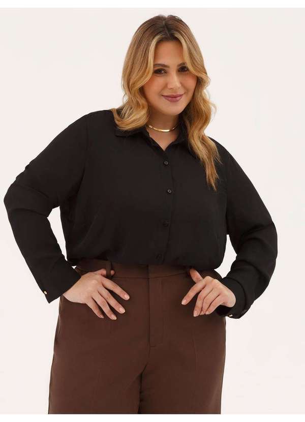 Camisa Manga Longa Comfy em Crepe Plus Size Preto Emanuela