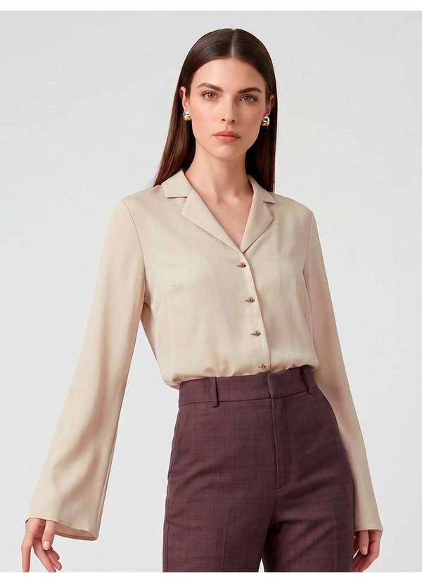 Camisa Manga Longa Gola Notch em Viscose Bege Marla
