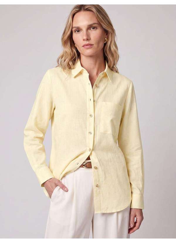 Camisa Manga Longa Oversized em Linho Amarelo Baunilha Kali