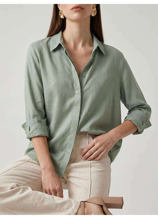 Camisa Manga Longa Oversized em Viscose Verde Pistache Kemya