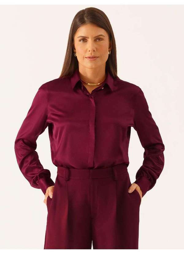 Camisa Manga Longa Regular em Cetim Vinho Elizangela