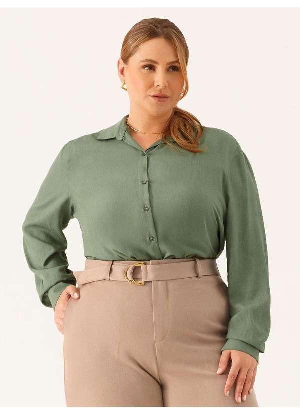 Camisa Manga Longa Regular em Viscose Plus Size Verde Lisandra