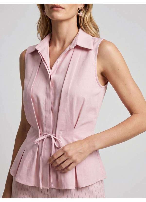 Camisa sem Mangas com Pregas e Cavas Rosa Claro Clemencé