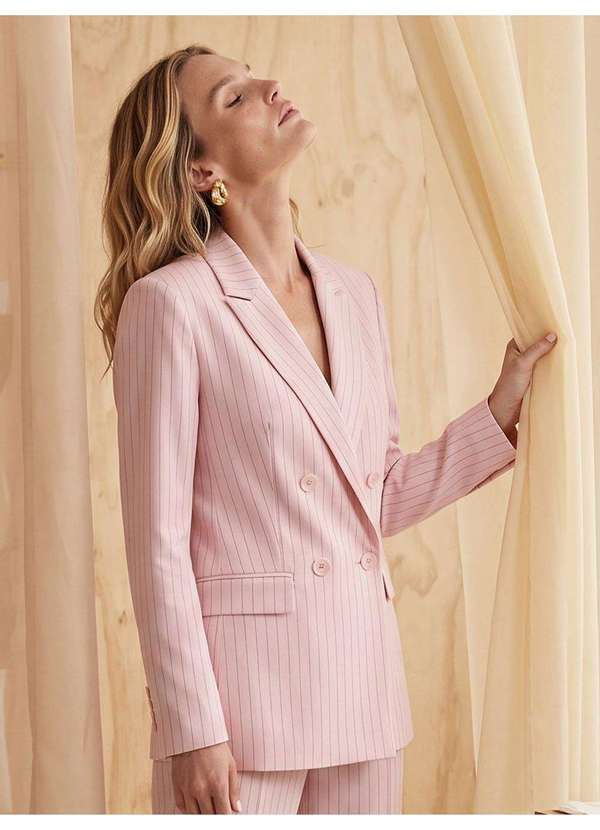 Blazer Transpassado Intermediário Rosa Claro Risca de Giz Aurélia