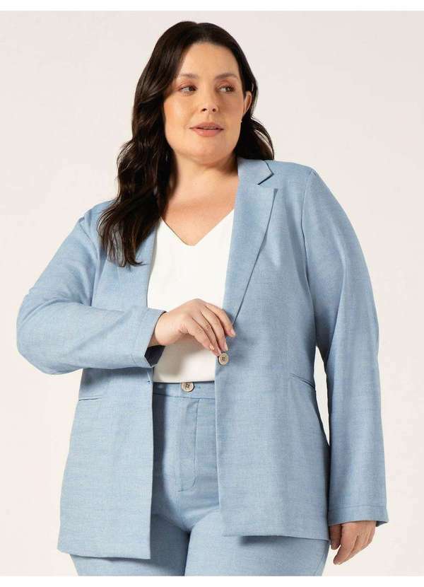 Blazer Intermediario em Algodao Plus Size Azul Claro Maikele