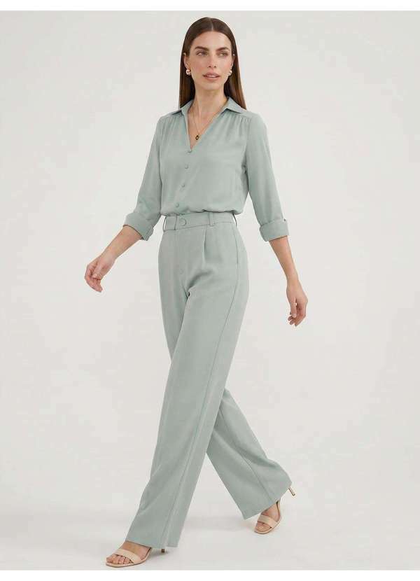 Calça Wide Leg de Alfaiataria em Viscose Verde Água Silvana