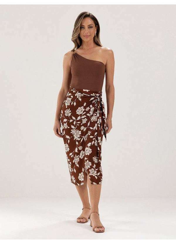 Saia Longuete com Estampa Floral Marrom e Off White Liara