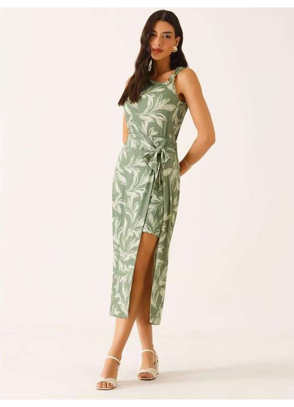 Saia Longuete em Malha Estampada Verde Oliva Raquely