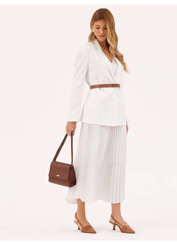 Saia Plissada Longuete em Crepe Off White Antonieta