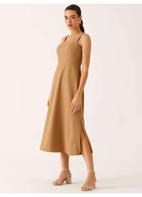 Vestido Alfaiataria Midi em Viscose Listrada Camel Tricia