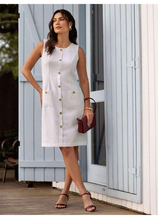 Vestido Clássico em Viscose Fluid com Linho Off White Judy