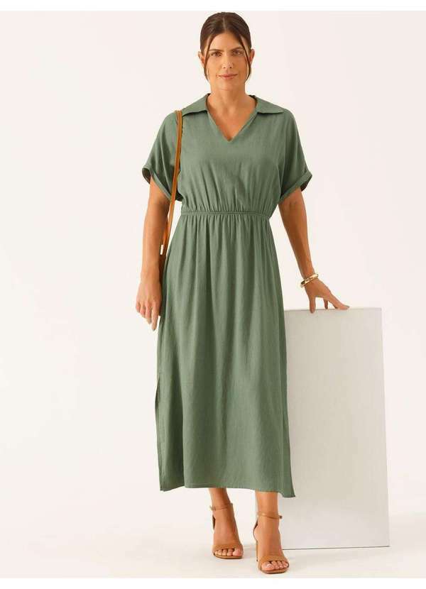 Vestido Decote V Longuete em Viscose Verde Vanderleia