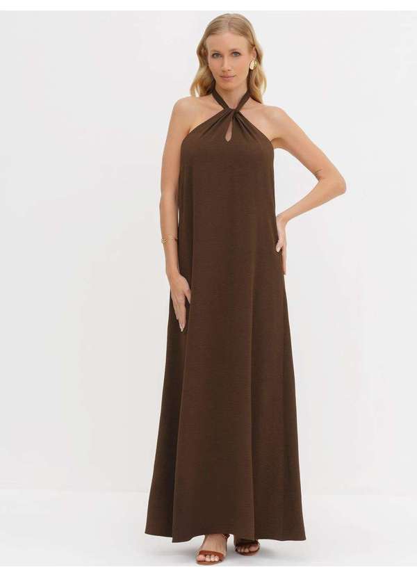 Vestido Frente Única Longo em Crepe Marrom Patrizia