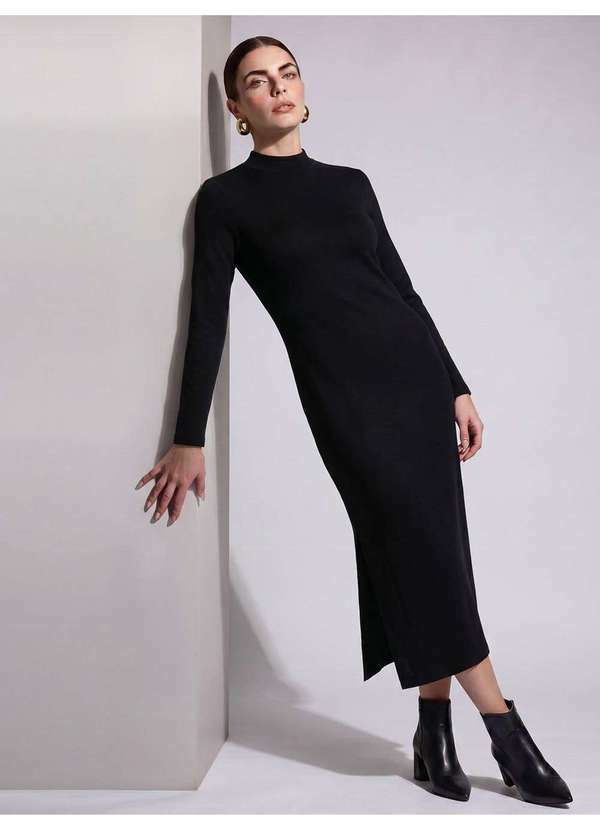 Vestido Longuete em Malha Canelada Preto Diana