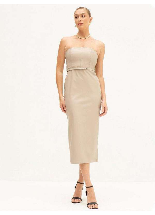 Vestido Tubinho de Pu Maxi Longuete Bege Yolanda