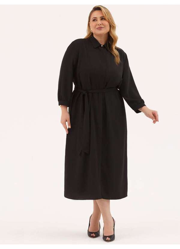 Vestido Clássico Manga 7/8 em Alfaiataria Plus Size Preto Nadi