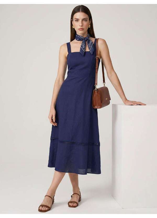 Vestido com Alça Midi em Viscose Marinho Samanta