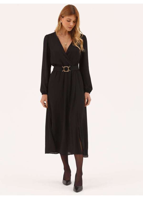 Vestido Longuete com Mangas em Crepe Preto Catarina