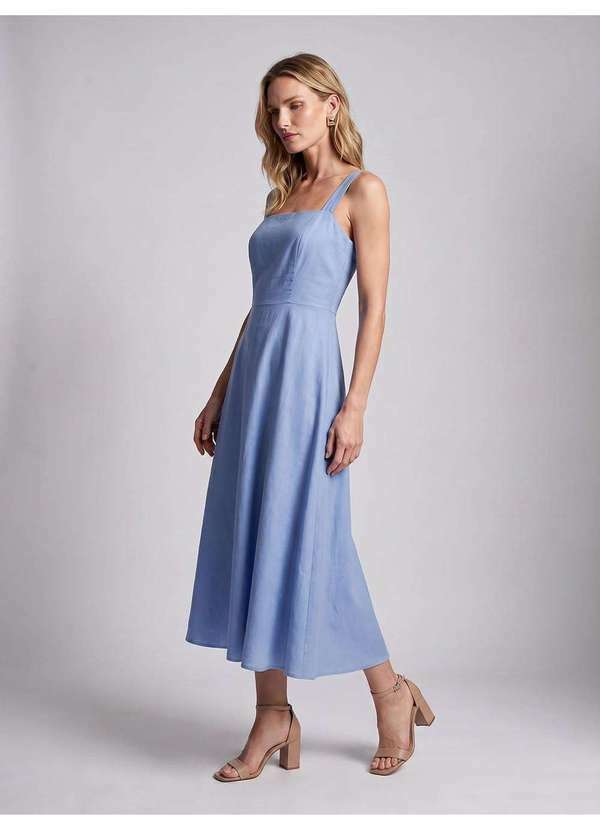 Vestido Longuete com Saia Evasê em Linho Azul Sereno Jeysi
