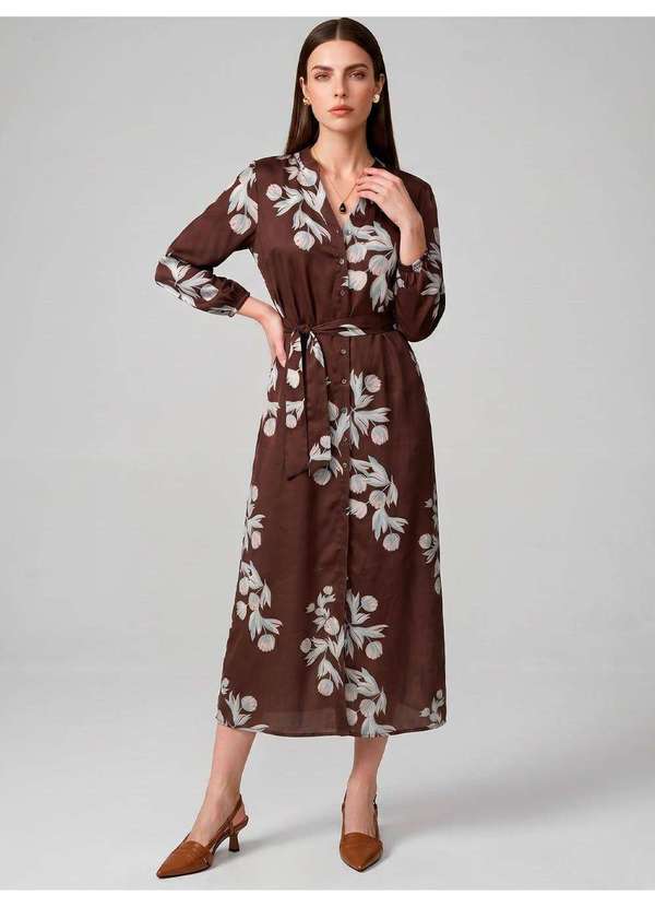 Vestido Manga 7/8 Longuete em Crepe Estampado Floral Lisi
