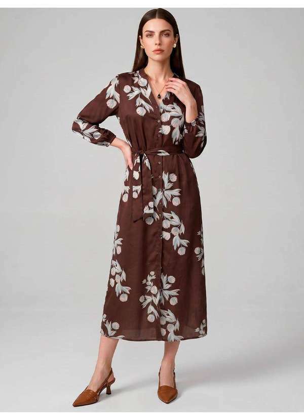 Vestido Manga 7/8 Longuete em Crepe Estampado Floral Lisi