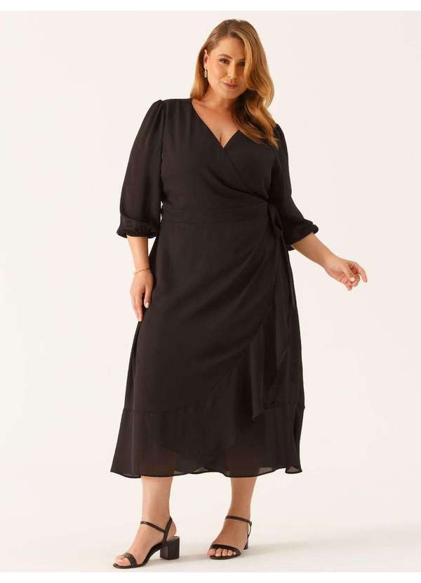 Vestido Manga 7/8 Midi em Crepe Preto Coralie