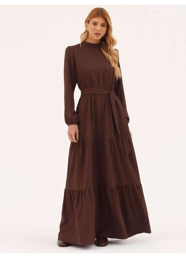 Vestido Manga Longa em Crepe Texturizado Marrom Esilda