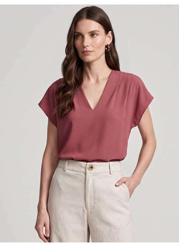 Blusa em Crepe com Decote V e Pregas Terrracota Oliviana