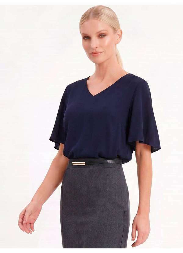 Blusa Manga Curta Decote V em Viscose Marinho Marlu