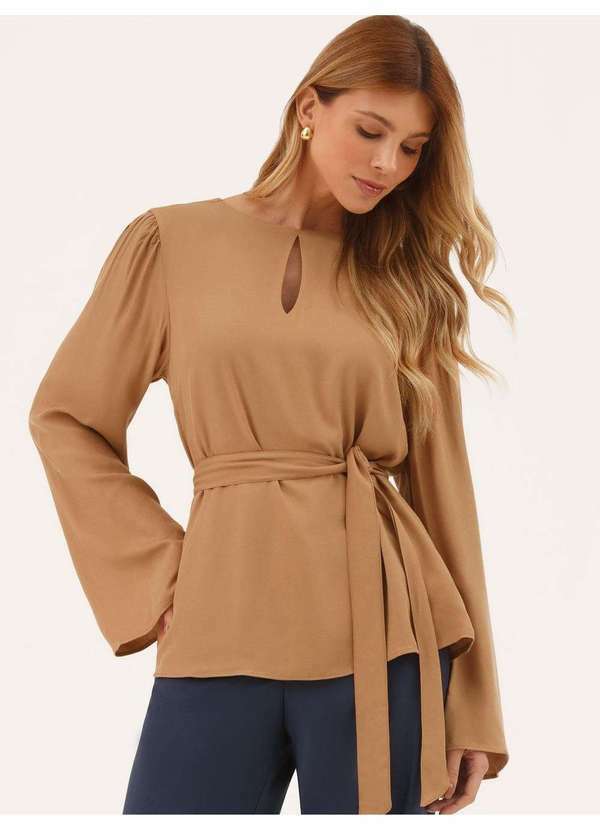 Blusa Manga Longa com Amarração em Viscose Canela Esmé