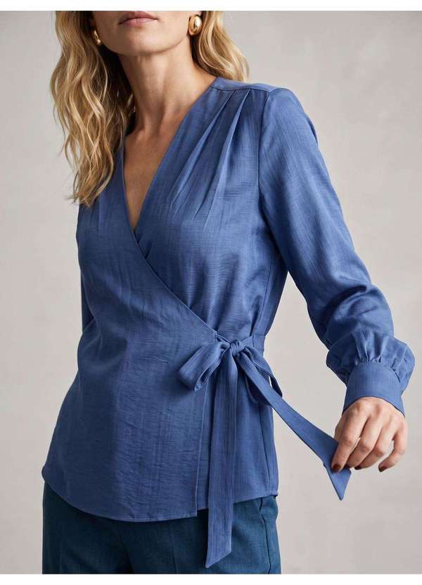 Blusa Manga Longa com Transpasse e Amarração Azul Esmerine
