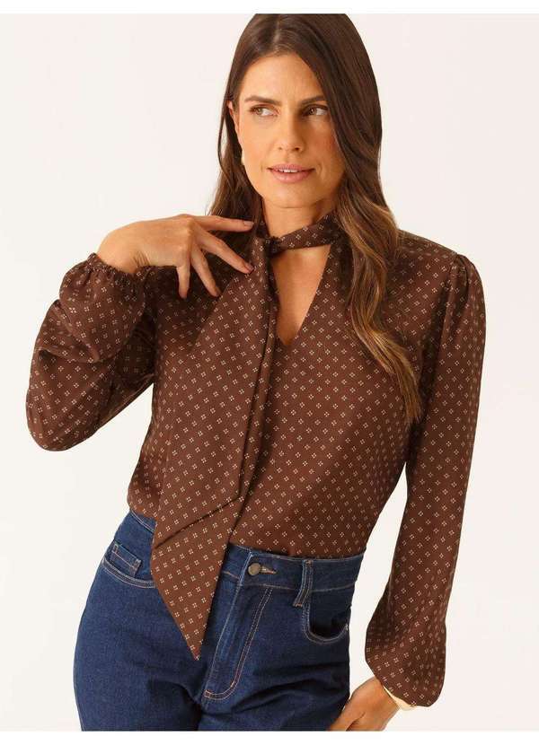 Vista 2 Blusa Manga Longa Regular em Crepe Marrom Yandra Principessa Principessa