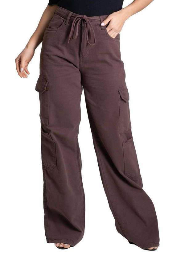 Vista 2 Calça Sarja Sawary Wide Leg - 279524 Marrom Sawary