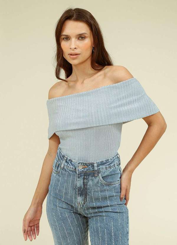 Blusa Canelado Lurex Ombro a Ombro Cinza