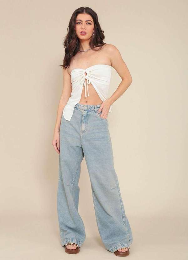 Calca Jeans Wide Leg com Recorte Azul