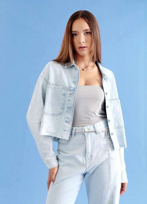 Jaqueta Jeans com Strass Azul