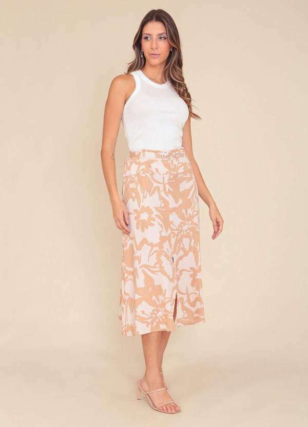 Saia Midi em Linho Estampado Flor Bege com Cinto Bege