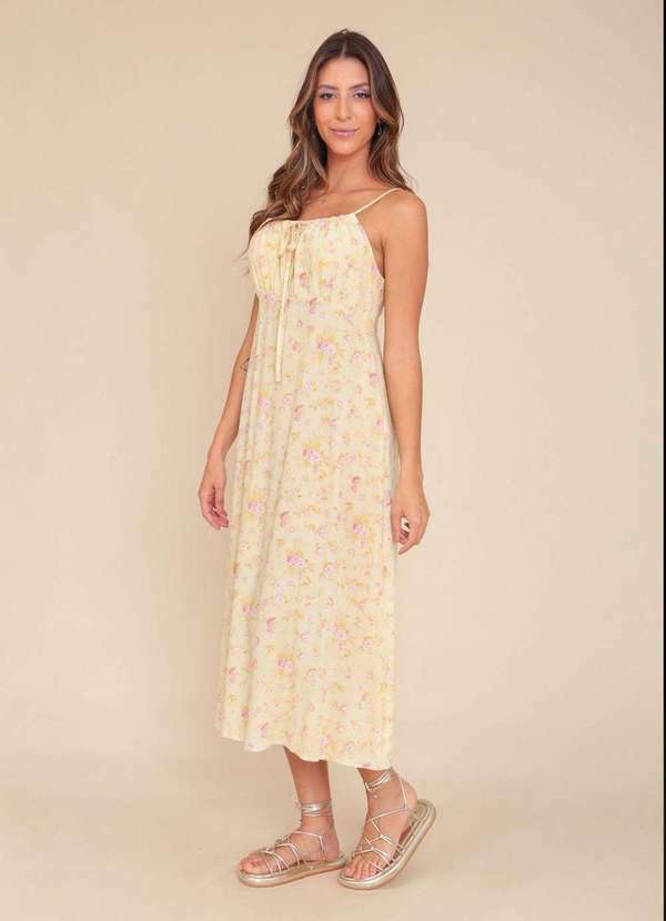 Vestido Midi em Viscose com Alca e Franzido Busto Estampa Yell... Amarelo