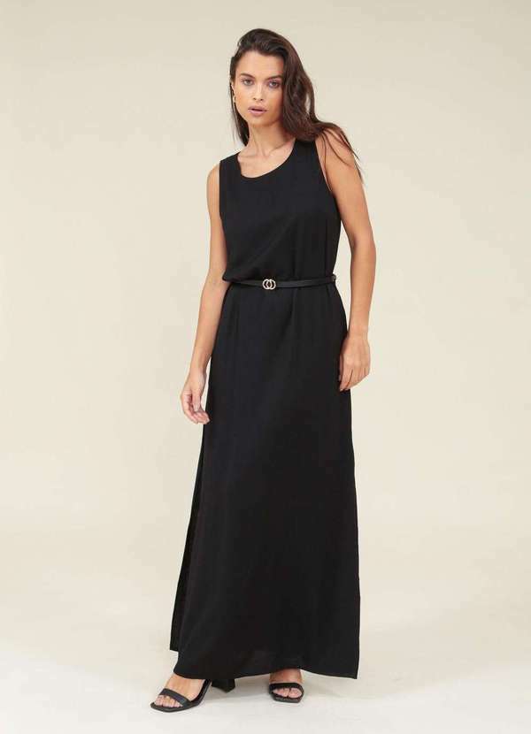 Vestido Viscolinho Longo sem Manga com Cinto Preto