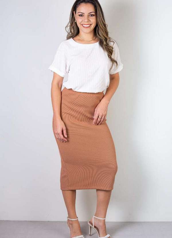 Saia Midi Feminina Ribana Canelada 71502 Marrom Claro