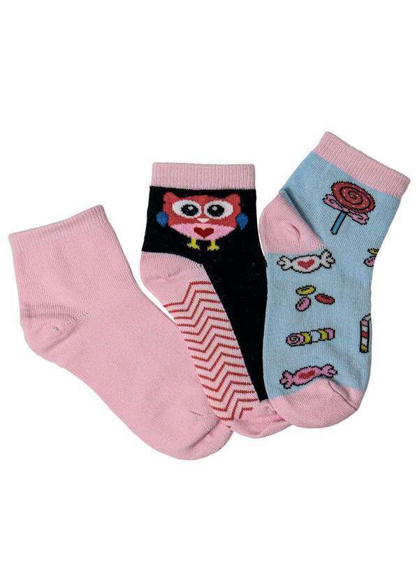 Vista 2 Kit com 3 pares de Meias Cano Curto Infantil Hoahi 21218 - Azul/Rosa Hoahi