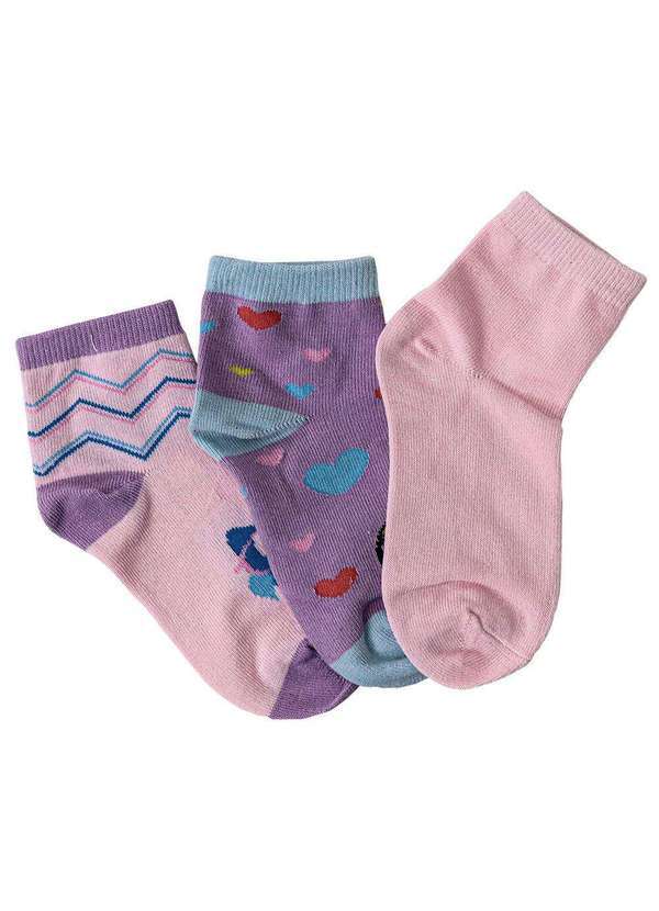 Vista 2 Kit com 3 pares de Meias Cano Curto Infantil Hoahi 21218 - Rosa/Lilás