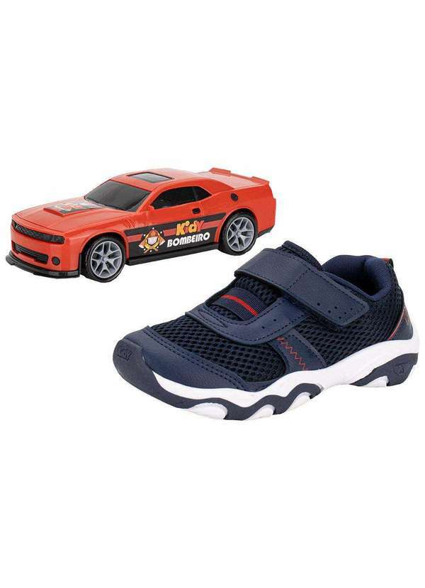 Vista 2 Kit Tênis Infantil Play Respitec Carrinho Kidy 0070826 Marinho/Vermelho