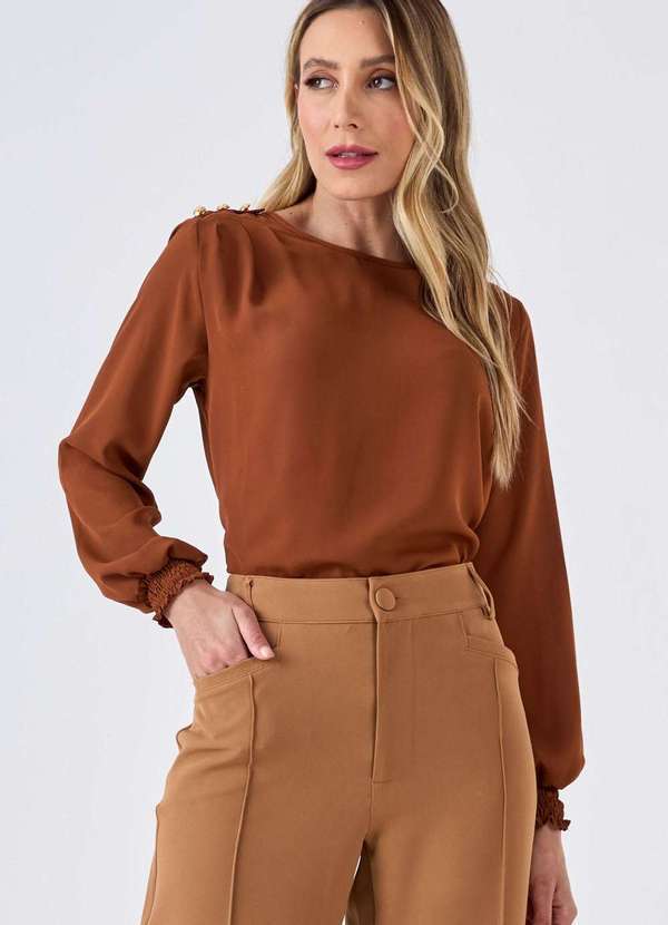 Blusa Pks Manga Longa Botoes Ombro Marrom