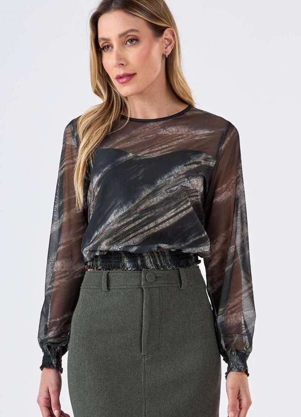 Blusa Pks Manga Longa Tule Estampa Olive Green Verde