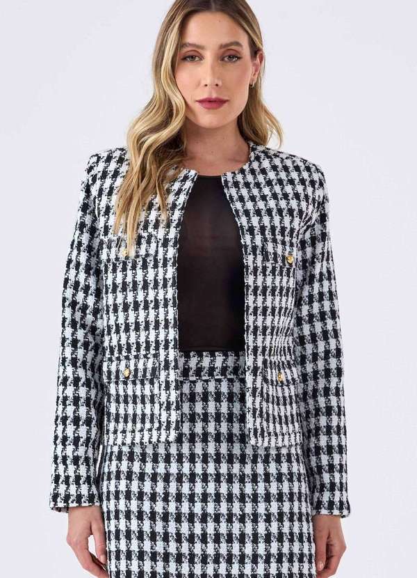 Blazer Curto Pks Alfaiataria Tweed Preto e Branco Branco