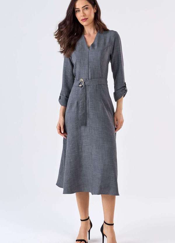 Vestido Midi Pks com Cinto Cinza